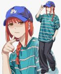 1girl absurdres alternate_costume baseball_cap black_footwear black_pants blue_hat braid braided_ponytail brown_eyes chainsaw_man full_body green_shirt green_t-shirt hand_in_pocket hat highres long_hair looking_at_viewer los_angeles_dodgers makima_(chainsaw_man) multiple_views pants pointing pointing_at_viewer redhead ringed_eyes shiren_(ourboy83) shirt sidelocks sideways_glance simple_background sleeves_pushed_up spring_green_t-shirt striped_clothes striped_shirt t-shirt upper_body yellow_eyes
