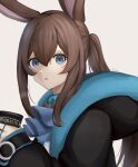  1girl amiya_(arknights) animal_ears arknights ascot black_jacket blue_ascot blue_eyes blush brown_hair closed_mouth cup grey_background hair_between_eyes highres holding holding_cup hood jacket jewelry long_hair long_sleeves looking_at_viewer open_clothes open_jacket parted_lips ponytail rabbit_ears ring shirt sima_(164s25) simple_background solo upper_body white_background white_shirt 