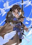  1boy afk_journey bird blue_cape blue_pants blue_shirt blue_sky brown_hair cape dove dual_wielding hashtag-only_commentary highres holding holding_sword holding_weapon looking_to_the_side male_focus muscular muscular_male orange_eyes pants pectoral_cleavage pectorals profile sheath sheathed shirt sky smile sword urie018 valen_(afk_journey) weapon 