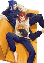  2boys animal arms_behind_head axel_(kingdom_hearts) barefoot black_cat blue_hair blue_pants cat cat_on_chest cat_on_person closed_mouth commentary couch curled_fingers elbow_rest facial_mark foot_out_of_frame hair_intakes hair_slicked_back hand_on_own_face highres lap_pillow long_hair looking_at_animal lying male_focus mukashino multicolored_clothes multicolored_shirt multiple_boys multiple_cats on_back on_couch orange_cat pants redhead saix simple_background sitting smile spiky_hair spread_legs symbol-only_commentary white_background 