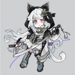  1girl animal_ear_hood animal_ears black_bow black_hood black_vest blue_footwear blue_hair boots bow cat_ears character_request chinese_commentary coat coattails collar collared_coat commentary_request copyright_request crescent_brooch cross_hair_ornament cross_print deformed expressionless fake_animal_ears full_body grey_background grid_background hair_bow hair_ornament heterochromia high_collar highres holding holding_sheath holding_sword holding_weapon hood hood_up hooded_coat katana knee_boots long_hair long_sleeves looking_at_viewer miniskirt parted_lips pink_eyes pleated_skirt puffy_long_sleeves puffy_sleeves ruguo_wajue_jineng_kaihua sheath simple_background skirt solo sword tassel two-sided_coat two-sided_fabric very_long_hair vest violet_eyes weapon white_coat white_collar white_hair white_skirt 
