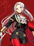  1girl axe breasts cape closed_mouth dated edelgard_von_hresvelg fire_emblem fire_emblem:_three_houses garreg_mach_monastery_uniform gloves hair_ornament hair_ribbon highres holding holding_axe holding_weapon lanlanlap long_hair long_sleeves pantyhose red_cape ribbon second-party_source serious smile violet_eyes weapon white_hair 