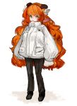  1girl animal_ears black_footwear black_pants goat_ears goat_horns goat_tail highres horns ishmael_(project_moon) jacket letang limbus_company long_hair long_sleeves looking_at_viewer orange_hair pants project_moon puffy_long_sleeves puffy_sleeves shoes sidelocks solo very_long_hair white_jacket zwei_association_(identity)_(project_moon) 