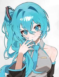  1girl absurdres aqua_eyes aqua_hair aqua_nails aqua_necktie bare_shoulders black_sleeves breasts closed_mouth collared_dress detached_sleeves dress grey_shirt hair_between_eyes hair_ornament hand_on_own_chin hand_up haru_(ririne9999rine) hashtag-only_commentary hatsune_miku high_side_ponytail highres long_hair looking_at_viewer meme necktie shirt sidetail_miku_noodle_stopper_(meme) simple_background sleeveless sleeveless_shirt smile solo straight-on upper_body vocaloid white_background 