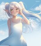  1girl absurdres aivytori commentary day dress frieren green_eyes hand_up highres long_hair looking_to_the_side outdoors parted_lips pointy_ears sky sleeveless sleeveless_dress solo sousou_no_frieren twintails white_hair wind 