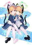  2girls absurdres animal_ear_headphones animal_ears apron black_dress black_footwear blonde_hair blue_archive blush cat_tail closed_mouth dated dress fake_animal_ears frilled_apron frills green_eyes green_halo halo headphones heart heart_hands heart_hands_duo highres long_sleeves maid_apron midori_(blue_archive) midori_(maid)_(blue_archive) momoi_(blue_archive) momoi_(maid)_(blue_archive) multiple_girls official_alternate_costume open_mouth pantyhose pink_halo red_eyes shoes short_hair siblings signature sisters smile tail twins white_apron white_pantyhose zcx 