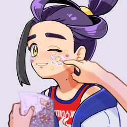  1boy 1other black_hair blush grey_background heart jacket kieran_(pokemon) looking_at_viewer male_focus multicolored_hair one_eye_closed open_clothes open_jacket pokemon pokemon_sv pov purple_hair red_tank_top sakuramochi0906 simple_background solo_focus star_(symbol) sticker sticker_on_face sticker_sheet tank_top upper_body white_jacket yellow_eyes 