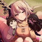  1girl alternate_costume braid breasts danganronpa_(series) danganronpa_2:_goodbye_despair dragon_girl dragon_horns dragon_tail galaga hand_puppet highres hinata_hajime horns kamukura_izuru large_breasts looking_at_viewer medium_hair nanami_chiaki orange_shirt pink_eyes puppet shirt solo tail zui_nianshao 