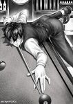  1boy absurdres ball billiard_ball billiards black_hair closed_mouth cue_stick facial_mark glasses highres indoors long_sleeves mashle monochrome orter_madl pool_table short_hair sinnyforze solo table vest 