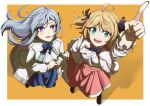  2girls absurdres ahoge anisphia_wynn_palettia aqua_eyes black_bow black_bowtie black_ribbon blonde_hair blue_bow blue_bowtie blue_skirt border bow bowtie chinese_commentary commentary_request euphyllia_magenta from_above full_body grey_hair hair_ribbon highres index_finger_raised jacket long_sleeves medium_hair multiple_girls open_mouth orange_hair outside_border pink_skirt pointing pointing_up ribbon shadow shirt simple_background skirt smile teeth tensei_oujo_to_tensai_reijou_no_mahou_kakumei upper_teeth_only violet_eyes white_border white_jacket white_shirt yellow_background yellow_ribbon yuko_(user_uuju2584) 
