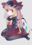  1girl bat_wings black_thighhighs blonde_hair bow bowtie crystal dress flandre_scarlet hat hat_ribbon hiyuu_(hiyualice) kneeling mob_cap multicolored_wings one_side_up puffy_short_sleeves puffy_sleeves red_dress red_eyes red_skirt ribbon short_sleeves side_ponytail skirt skirt_set solo thigh-highs touhou white_hat wings 
