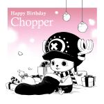  1boy absurdres candy candy_cane character_name cherry_blossoms commentary cross food gift gradient_background greyscale greyscale_with_colored_background happy_birthday hat highres meijin_kusano monochrome one_piece pink_background scarf shorts sitting smile solo tony_tony_chopper 