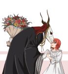  1boy 1girl absurdres animal_head animal_skull black_cloak bouquet cloak delfuze dress elias_ainsworth eye_contact flower from_side hatori_chise height_difference highres holding holding_bouquet holding_flower horns interspecies leaning_forward long_sleeves looking_at_another mahou_tsukai_no_yome red_flower skull_head smile white_dress wide_sleeves 
