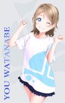  1girl arms_up blue_eyes blush brown_hair chabchan english_text highres long_shirt looking_at_viewer love_live! love_live!_sunshine!! shirt short_hair skirt smile solo t-shirt watanabe_you white_background 