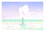  1girl ayanami_rei beach bident blue_dress blue_hair bow bowtie character_name copyright_name dio_knarf dress dual_persona highres lance_of_longinus_(evangelion) lilith_(ayanami_rei) looking_at_viewer medium_skirt neon_genesis_evangelion ocean partially_submerged pastel_colors polearm red_bow short_hair short_sleeves skirt sky sparkle wading waves weapon wide_shot 