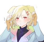  1other animal_ears antenna_hair aqua_coat blonde_hair coat dog_ears fingerless_gloves gloves gnosia hair_between_eyes hair_ornament hairclip looking_at_viewer nekotemari other_focus red_eyes setsu_(gnosia) short_hair simple_background solo translation_request turtleneck 