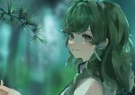  1girl absurdres asymmetrical_hair blurry blurry_background branch closed_mouth commentary_request eneshi forest frog_headband from_side green_eyes green_hair hair_behind_ear hair_ornament hair_over_shoulder hand_up highres kochiya_sanae light_blush looking_at_viewer looking_to_the_side medium_hair nature outdoors plant shirt single_bare_shoulder single_hair_tube single_sidelock sleeveless sleeveless_shirt smile snake_hair_ornament solo touhou upper_body water_drop wet wet_hair white_shirt 