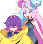  2girls blue_hair blush bow-shaped_hair character_hair_ornament closed_mouth dot_(pokemon) hair_ornament hair_over_eyes highres iono_(pokemon) jacket long_hair magnemite multicolored_hair multiple_girls open_mouth oversized_clothes pink_hair pokemon pokemon_(anime) pokemon_horizons purple_hair seiun_(hoshigumo_72) sharp_teeth shirt short_hair sleeveless sleeves_past_fingers sleeves_past_wrists smile teeth two-tone_hair vest violet_eyes yellow_jacket 