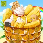  artist_logo artist_name blue_sky clouds dog food food_focus fruit highres no_humans original pineapple rainbow sheep sky sparkle whipped_cream yuki00yo 