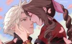  1boy 1girl aerith_gainsborough armor bangle blonde_hair blue_eyes blue_sky bracelet braid braided_ponytail brown_hair cherry_blossoms closed_eyes cloud_strife clouds cloudy_sky couple earrings falling_petals final_fantasy final_fantasy_vii final_fantasy_vii_rebirth final_fantasy_vii_remake grey_shirt hair_between_eyes hand_on_another&#039;s_cheek hand_on_another&#039;s_face hetero jacket jewelry light_blush long_hair looking_at_another open_mouth outdoors parted_bangs parted_lips petals pink_petals red_jacket shirt short_hair short_sleeves shoulder_armor sidelocks single_braid single_earring sky smile softp3ach spiky_hair turtleneck twitter_username upper_body wavy_hair 