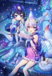  2girls :d age_of_ishtaria all_fours animal_ear_fluff animal_ears bare_shoulders black_hair blue_eyes blush book copyright_name copyright_notice curly_hair elbow_gloves fang fox fox_ears fox_tail gloves grey_hair hair_ornament hair_ribbon highres holding japanese_clothes kneehighs looking_at_viewer multicolored_hair multiple_girls munlu_(wolupus) official_art open_mouth purple_hair ribbon scroll seimei_(age_of_ishtaria) sitting smile socks star_(symbol) star_hair_ornament streaked_hair tail tanzaku tatami thick_eyebrows twintails two-tone_hair white_gloves white_socks 