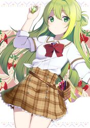  1girl absurdres alina_gray arm_up belt belt_buckle belt_pouch border bow bowtie brown_belt brown_skirt buckle buttons closed_mouth collared_shirt commentary_request cowboy_shot food food_print frilled_skirt frills fruit fujishiro_emyu green_eyes green_hair high-waist_skirt highres holding layered_sleeves long_hair long_sleeves looking_at_viewer lying magia_record:_mahou_shoujo_madoka_magica_gaiden mahou_shoujo_madoka_magica on_back one_side_up paintbrush plaid_clothes plaid_skirt pouch red_bow red_bowtie sailor_collar sakae_general_school_uniform school_uniform scissors shaded_face shirt shirt_tucked_in short_sleeves side-tie_shirt single_hair_ring skirt solo soul_gem strawberry strawberry_print white_sailor_collar white_shirt 