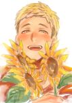  1boy absurdres beniya_0608 blonde_hair brown_eyes commentary_request dungeon_meshi flower hands_up highres holding holding_flower laios_touden looking_at_viewer male_focus open_mouth short_hair simple_background sunflower upper_body very_short_hair white_background 