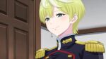  1girl artist_request blonde_hair earrings highres izumo_tenka jewelry mato_seihei_no_slave military_uniform screenshot short_hair single_earring solo uniform 