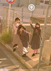  1girl 2boys black_hair black_kimono black_sailor_collar black_scarf black_serafuku black_shirt black_skirt blunt_bangs brown_scarf chain-link_fence closed_eyes double_v fate/grand_order fate_(series) fence google_maps hair_over_one_eye hakama haori hapenka hat high_school_girls_posing_for_google_street_view_(meme) highres holding holding_clothes holding_hat jacket japanese_clothes kimono loafers long_hair long_sleeves low_ponytail meme multiple_boys neckerchief okada_izou_(fate) oryou_(fate) peaked_cap photo_background pleated_skirt ponytail posing red_eyes red_neckerchief red_socks road_sign sailor_collar sakamoto_ryouma_(fate) scarf school_uniform serafuku shirt shoes sidewalk sign skirt smile socks standing standing_on_one_leg straight_hair suit unworn_hat unworn_headwear v white_hakama white_hat white_jacket white_suit 