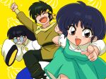  1girl 2boys bandana breasts brown_eyes closed_eyes fuurinkan_high_school_uniform glasses happy hibiki_ryouga mousse_(ranma_1/2) multiple_boys open_mouth ranma_1/2 school_uniform shirt tendou_akane wanta_(futoshi) white_shirt yellow_bandana 