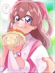  1girl ? blurry blurry_background blush burger close-up closed_mouth delicious_party_precure eating folded_napkin food food_on_face frilled_shirt frills hair_ornament highres holding holding_food long_sleeves miri_(crafimiri) nagomi_yui napkin onigiri_print precure shirt solo_focus twintails two-tone_eyes vest watch watch 