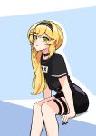  1girl absurdres black_choker black_hairband black_nails black_shirt black_shorts blonde_hair choker dokibird_(vtuber) feet_out_of_frame from_side green_eyes hair_ornament hairband hairclip hamh highres indie_virtual_youtuber jewelry long_hair looking_at_viewer necklace parted_lips shirt short_sleeves shorts sitting solo virtual_youtuber 