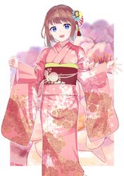  1girl aki_(aki_freedom) blue_eyes brown_hair feet_out_of_frame flower hair_ornament highres japanese_clothes kanzashi kimono long_sleeves looking_at_viewer obi open_mouth original peony_(flower) sash smile solo tassel wide_sleeves 