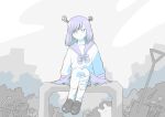  1girl awaya_yawako bandaged_leg bandages bolt_(hardware) bow bowtie closed_mouth commentary_request crying crying_with_eyes_open dot_mouth full_body highres junkyard long_sleeves looking_at_viewer medium_hair original outdoors pleated_skirt purple_bow purple_bowtie purple_hair purple_sailor_collar purple_skirt sailor_collar school_uniform serafuku sitting skirt socks solo straight-on streaming_tears tears white_socks wrench 