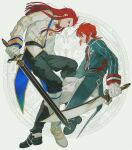  2boys asch_(tales) belt black_footwear black_pants blue_jacket boots closed_mouth commentary_request from_side full_body gloves green_eyes hair_slicked_back high_collar highres holding holding_sword holding_weapon jacket knee_boots long_hair long_sleeves looking_at_another luke_fon_fabre male_focus meba multiple_boys official_alternate_hair_length official_alternate_hairstyle pants redhead short_hair sidelocks spiky_hair straight_hair sword tales_of_(series) tales_of_the_abyss weapon white_footwear white_gloves white_jacket white_pants 