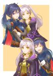 2girls alternate_hairstyle armor black_coat blue_cape blue_eyes blue_gloves blue_hair brand_of_the_exalt cape closed_mouth coat commentary_request fingerless_gloves fire_emblem fire_emblem_awakening gloves hair_between_eyes hair_down hairstyle_switch hand_on_another&#039;s_shoulder highres long_hair long_sleeves looking_at_viewer lucina_(fire_emblem) mother_and_daughter moverabbit0305 multiple_girls multiple_views open_mouth parted_lips red_cape robin_(female)_(fire_emblem) robin_(fire_emblem) shoulder_armor smile symbol_in_eye tiara twintails two-tone_cape upper_body white_hair yellow_eyes 