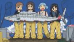  4girls :d absurdres aioi_yuuko animal black_eyes black_hair blue_hair blue_sky boots brown_eyes brown_hair cube_hair_ornament fish fubarmoe glasses gloves hair_ornament highres holding holding_animal holding_fish minakami_mai multiple_girls naganohara_mio net nichijou outdoors red_gloves semi-rimless_eyewear shinonome_nano sky smile standing under-rim_eyewear yellow_overalls 