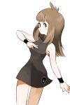  1girl black_wristband blush breasts brown_hair closed_mouth commentary_request cowboy_shot dress green_(pokemon) hand_up holding holding_poke_ball long_hair looking_at_viewer milkpeachi poke_ball poke_ball_(basic) pokemon pokemon_adventures short_dress sidelocks sleeveless sleeveless_dress solo white_background wristband 