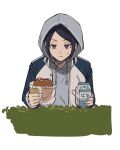  1girl aoi_(yooo009) bread bush closed_mouth drink drinking_straw food grey_hoodie holding holding_food holding_milk_carton hood hood_up hooded_jacket hoodie jacket jitome kitora_ai long_sleeves milk_carton open_clothes open_jacket parted_bangs ranguage short_hair simple_background solo sweatdrop upper_body violet_eyes white_background world_trigger 