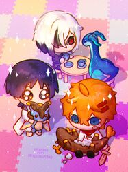  1girl 2boys arlecchino_(genshin_impact) black_hair blue_eyes chibi cup full_body genshin_impact highres mini_durin_(genshin_impact) multiple_boys orange_hair rex_lapis_(genshin_impact) scaramouche_(genshin_impact) short_hair sparkle sparkling_eyes stuffed_animal stuffed_toy symbol-shaped_pupils table tartaglia_(genshin_impact) teacup valerieks violet_eyes white_hair x-shaped_pupils 