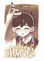  1boy absurdres birthday_cake black_hair black_sweater_vest blush cake candle collared_shirt crying dated disembodied_hand food hat highres male_focus omori parted_lips party_hat shirotsume_143 shirt short_hair solo sunny_(omori) sweater_vest translation_request white_shirt 