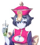 1girl black_hair blue_eyes blue_skin breasts chinese_clothes cleavage cleavage_cutout closed_mouth clothing_cutout colored_skin cup darkstalkers disposable_cup dress drinking_straw english_text hat holding holding_cup hsien-ko iron_witch jiangshi large_breasts lei_lei logo looking_at_viewer morrigan_aensland ofuda pink_dress pink_hat qingdai_guanmao short_hair simple_background smile solo talisman undead upper_body vampire_(game) white_background