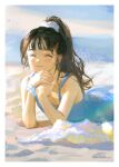  1girl bare_shoulders beach black_hair blue_dress blush border cardcaptor_sakura closed_eyes daidouji_tomoyo day dress facing_viewer highres ling5707 long_hair lying ocean on_stomach outdoors ponytail scrunchie smile solo sunlight water white_border wrist_scrunchie 