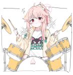  1girl :&gt; absurdres ahoge blue_archive blush bright_pupils brown_jacket closed_mouth clothes_writing drum drum_set drumsticks hair_ears hair_ornament hair_scrunchie highres holding holding_drumsticks instrument jacket kaito_(kaito921125) long_hair long_sleeves looking_at_viewer natsu_(band)_(blue_archive) natsu_(blue_archive) official_alternate_costume pink_hair ponytail red_eyes scrunchie shirt sitting solo sparkling_aura v-shaped_eyebrows white_background white_shirt 