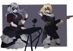  2girls ascot bang_dream! bang_dream!_it&#039;s_mygo!!!!! black_ascot black_dress black_skirt blonde_hair blue_hair border clothing_cutout commentary dated dress electric_guitar floating_hair guitar hand_up hashtag-only_commentary highres holding holding_guitar holding_instrument instrument keyboard_(instrument) long_hair medium_hair misumi_uika multiple_girls music open_mouth outside_border puffy_short_sleeves puffy_sleeves purple_background red_shirt shirt short_sleeves shoulder_cutout signature simple_background singing skirt smile togawa_sakiko tok8505_(erica) two_side_up violet_eyes white_border white_skirt yellow_eyes 