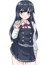  1girl absurdres asashio_(kancolle) asashio_kai_ni_(kancolle) belt black_dress black_hair blue_eyes collared_shirt contrapposto cowboy_shot dress dress_shirt grey_belt highres kantai_collection kitahama_(siroimakeinu831) long_hair looking_at_viewer one-hour_drawing_challenge pinafore_dress red_ribbon ribbon shirt simple_background sleeveless sleeveless_dress solo white_background white_shirt 