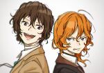  2boys ahoge annoyed back-to-back bandaged_neck bandages black_jacket blue_eyes brown_coat brown_eyes brown_hair bungou_stray_dogs clenched_teeth coat collared_shirt commentary_request dazai_osamu_(bungou_stray_dogs) hair_between_eyes highres jacket looking_at_another male_focus multiple_boys nakahara_chuuya norimizu open_mouth orange_hair shirt short_hair simple_background smile teeth upper_body white_shirt 
