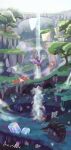  ani_(puniper) area_zero artist_name commentary crystal flying fog glimmora grass great_tusk highres in-universe_location koraidon no_humans outdoors pokemon pokemon_(creature) pokemon_sv scenery scream_tail sky slither_wing tail tree twitter_username water waterfall white_sky wings yellow_eyes 