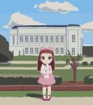  1girl blue_sky bow brown_eyes brown_hair building child clouds dress expressionless hair_bow holding holding_stuffed_toy idolmaster idolmaster_(classic) long_hair looking_at_viewer minase_iori outdoors pink_bow pink_dress pxllb sky solo stuffed_animal stuffed_rabbit stuffed_toy 