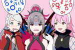  3girls black_bridal_gauntlets braid bridal_gauntlets butterfly_wings capelet dogansa fairy fairy_wings fire_emblem fire_emblem_fates fire_emblem_heroes fujoshi hair_vines harness highres hood hooded_capelet insect_wings low_twin_braids low_twintails mars_symbol multiple_girls nina_(fire_emblem) pink_hair plant red_hood soleil_(fire_emblem) speech_bubble triandra_(fire_emblem) twin_braids twintails venus_symbol vines wings 